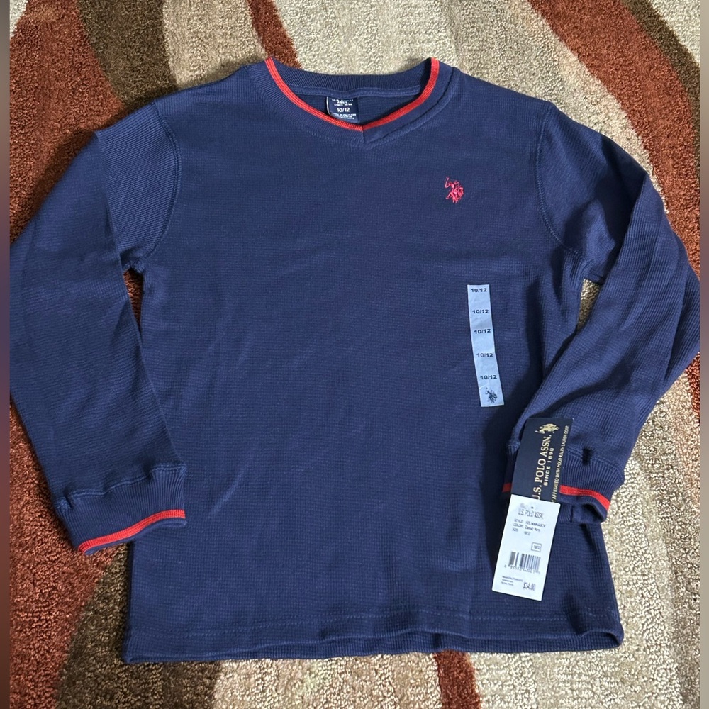 U.S. Polo Assn. Boys' Navy Long-Sleeve Thermal Top with Red Trim 10/12 NWT